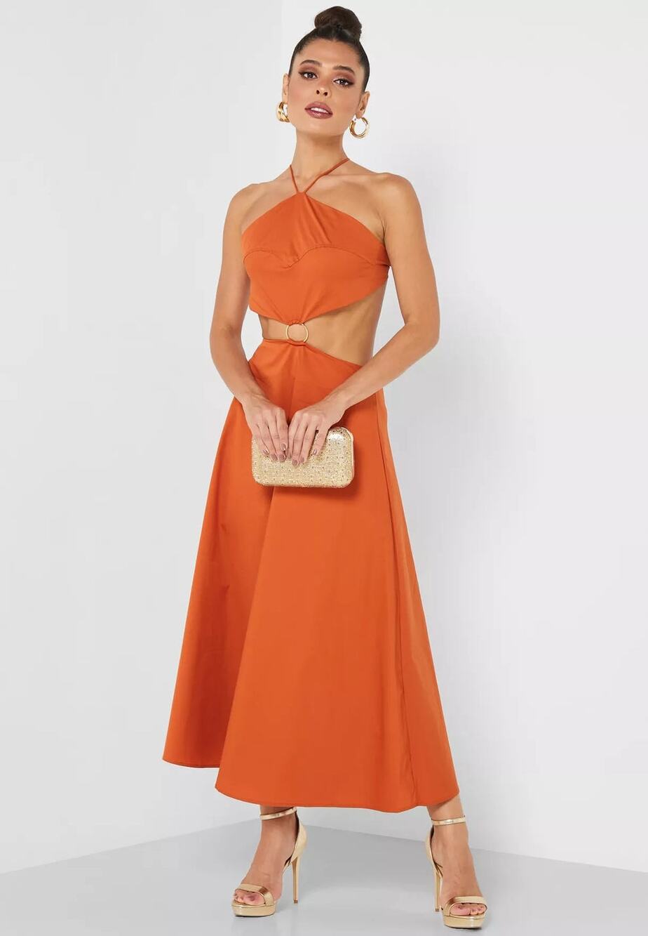 NWT AMYLYNN Ava Dress Tan Orange Halter Tie Size Large